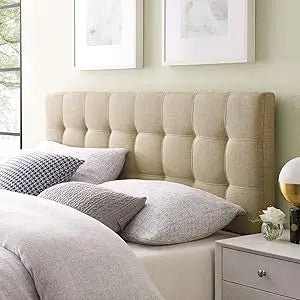 Lily Tufted Linen Fabric Upholstered King Headboard in Ivory