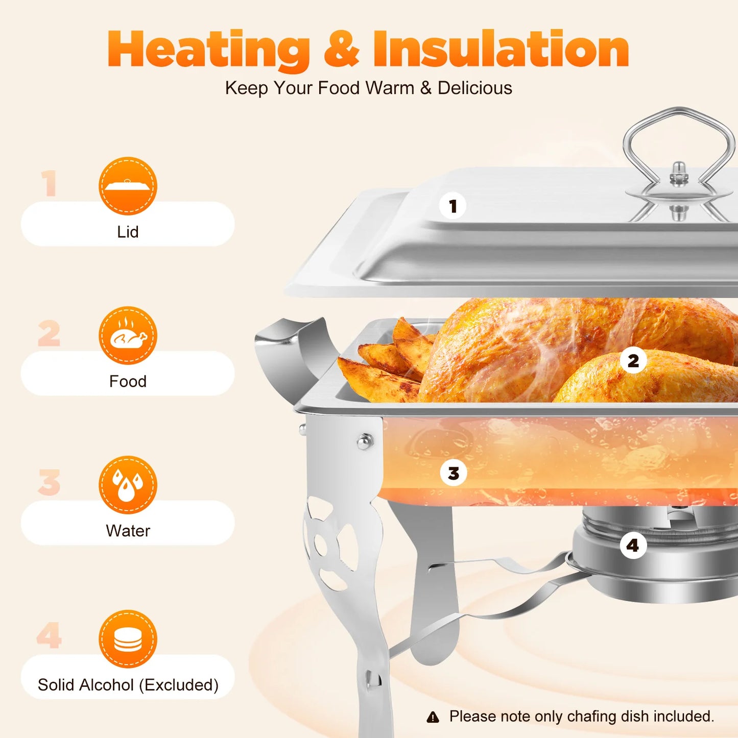 Stainless Steel 6L Chafing Dish, Buffet Warmer for Catering and Parties