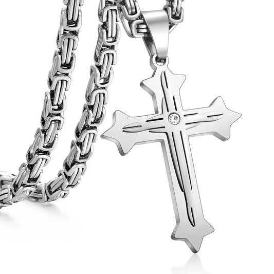 Hermah Mens Boys Gold Black Silver Color Stainless Steel Double Layer Cross Pendant w/ Clear Rhinestone Fashion Jewelry