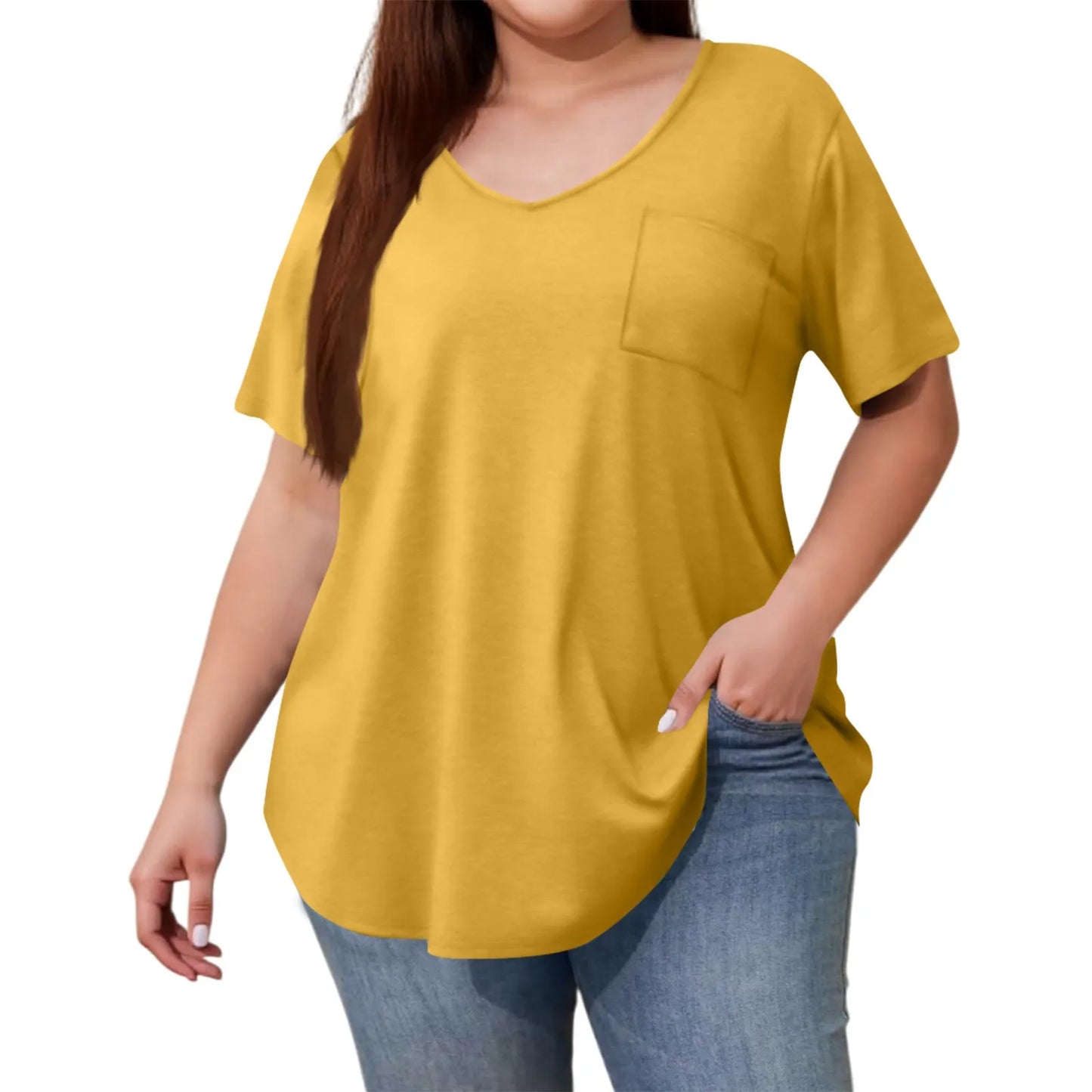 Plus Size Women's Tunic Tops Solid Color Large Size V-neck Loose T-Shirt With Pocket Summer Casual Basic Tee t shirts