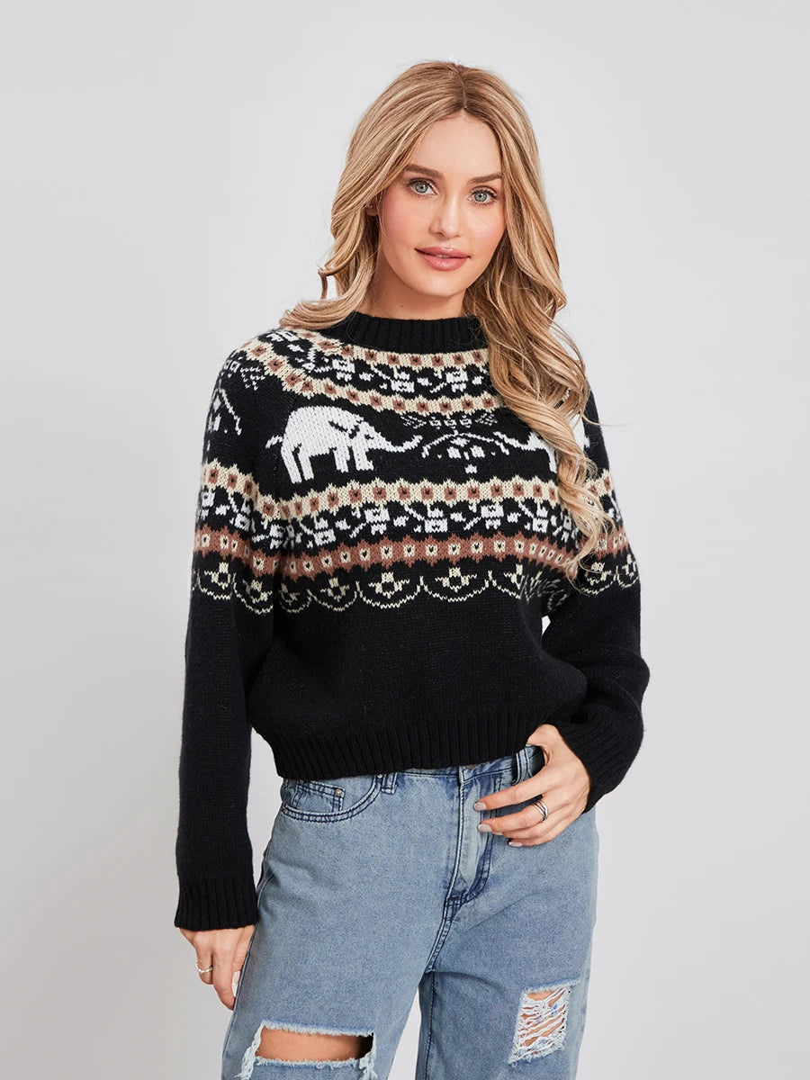 Women Knit Sweater Long Sleeve Crew Neck Elephant Pullover Warm Sweater for Fall Winter