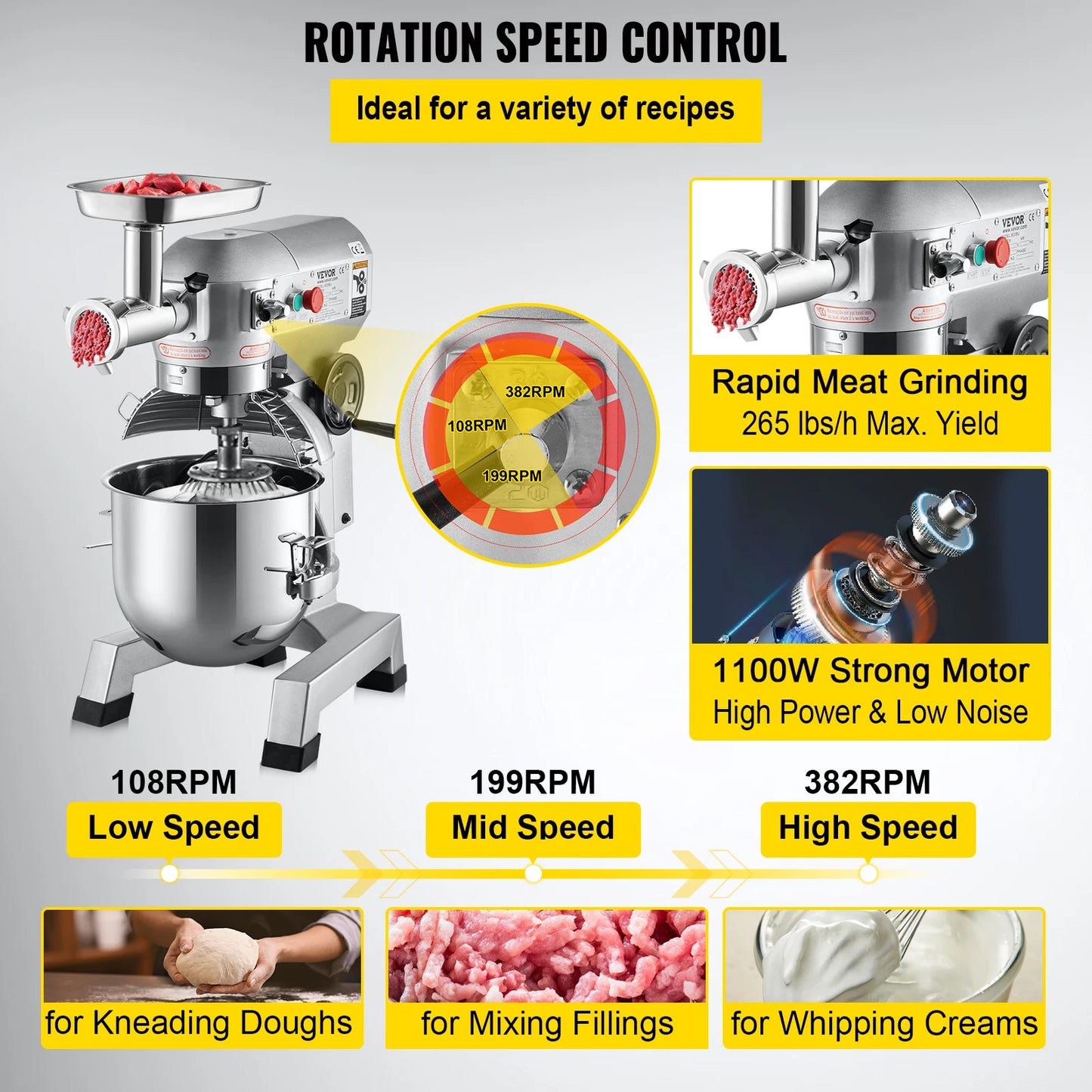 SucceBuy 20Qt Commercial Electric Stand Food Mixer 1100W Professional Kitchen Dough Mixer Bread Pastry Kneading Whipping Machine