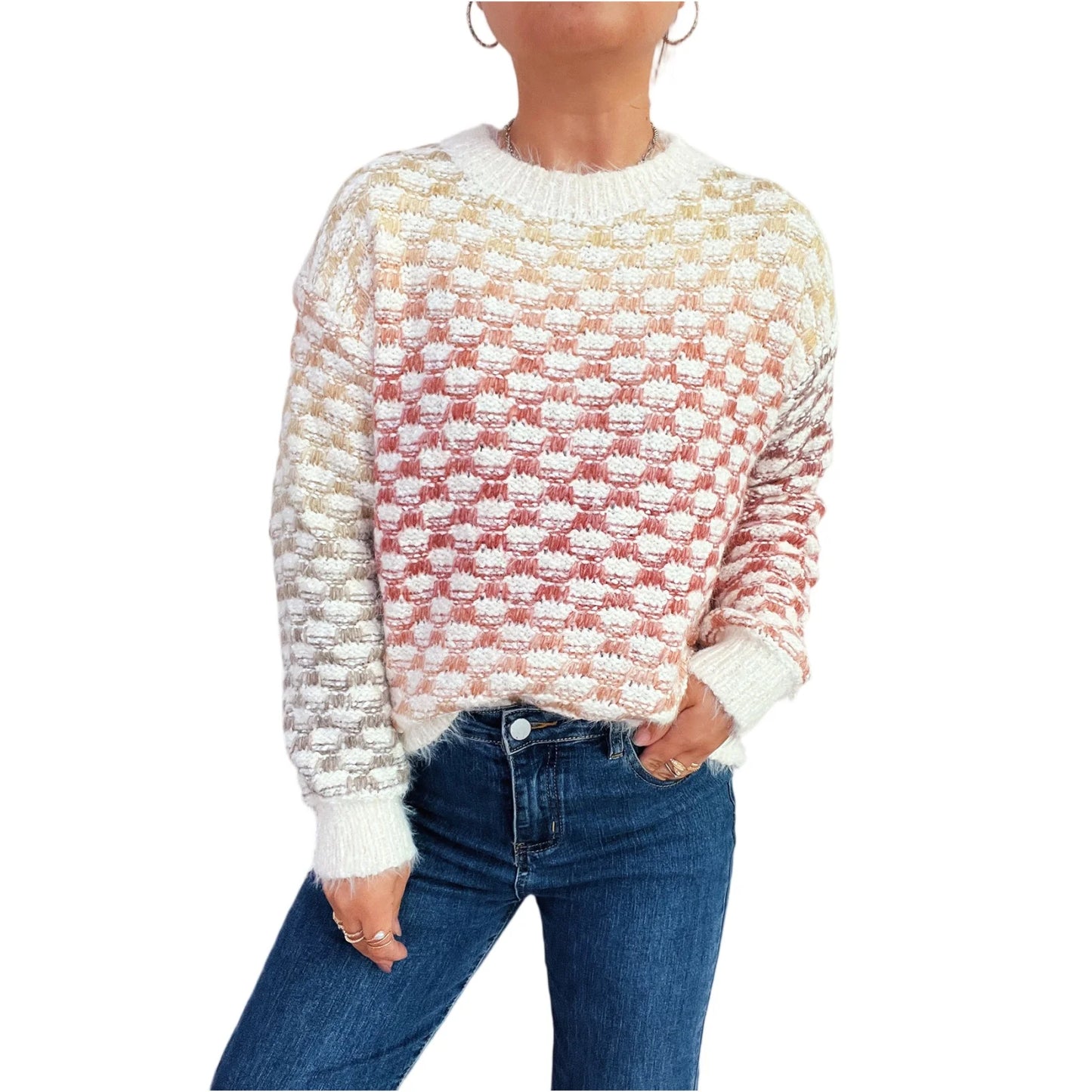Women'S Casual Loose Pattern Gradient Color Long Sleeve Round Neck Pullover Knit Sweater Winter Clothes Woman Ropa De Mujer