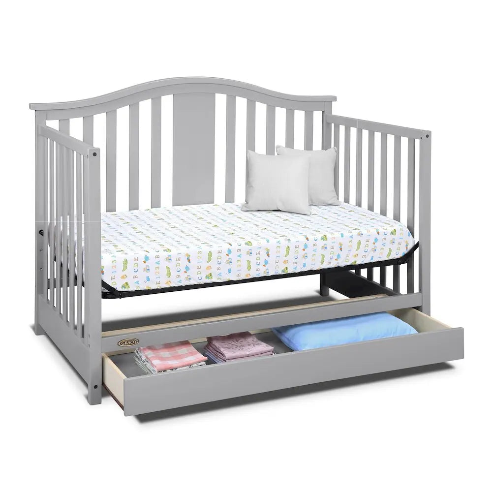 Solano 4-in-1 Convertible Crib with Drawer - Pebble Gray,equipped with a 3-position adjustable mattress support base