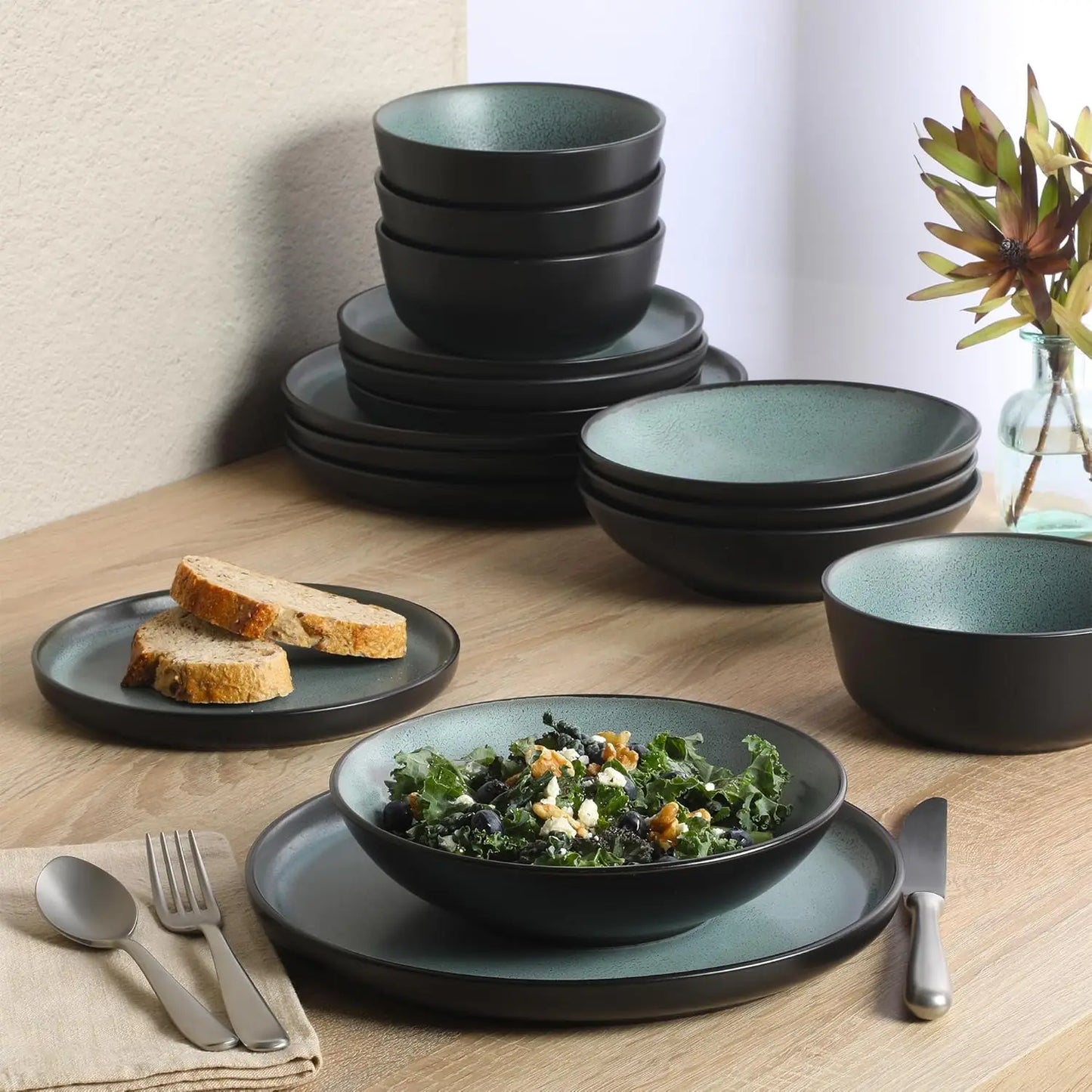 Tribeca Loft 16-Piece Dinnerware Set - Matte Black and Green Reactive Glaze Stoneware, Double Bowl Round Plates and Bowls - Mode