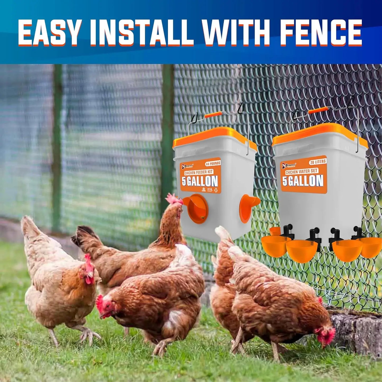5 Gallon Automatic Chicken Feeder and Waterer Set with No Waste Chicken Feeder Port and Rain Proof Water Cup