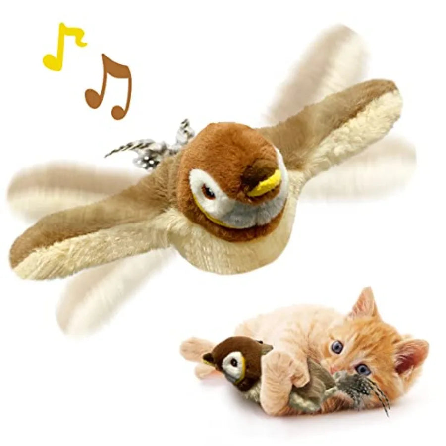 Cat Toys Flapping Wings Sparrow No Flying Chirping Bird Interactive Catnip Toy for Kitten or Small Dogs Touch Activated Recharg