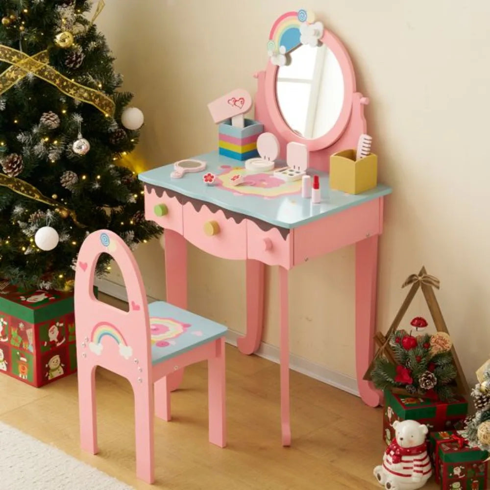 Kids Vanity Table and Chair Set with 7 Pieces Pretend Play Makeup Toys Mirror and Stool for Toddlers Girls Pink