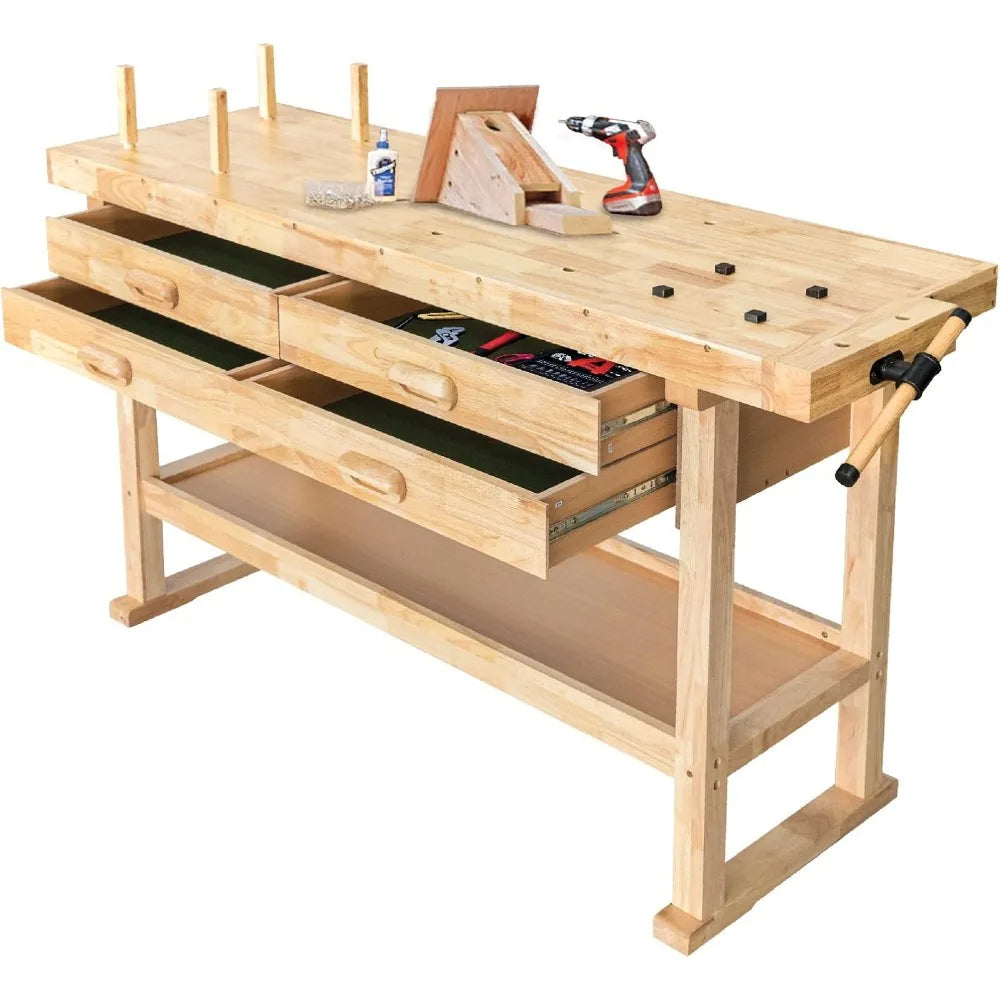 60-Inch Wooden Workbench - Rubberwood Workbench with 4-Drawer, 450lbs Weight Capacity - Perfect Workbench for Garage, Workshop