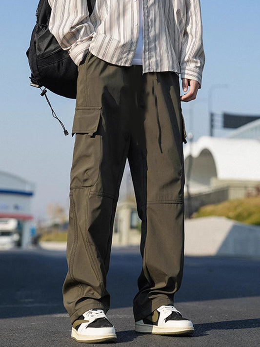 Men's Autumn-Winter Cargo Jogger Fleece Sweatpants Loose Multi-Pocket Long Trousers for Hip Hop Street Style