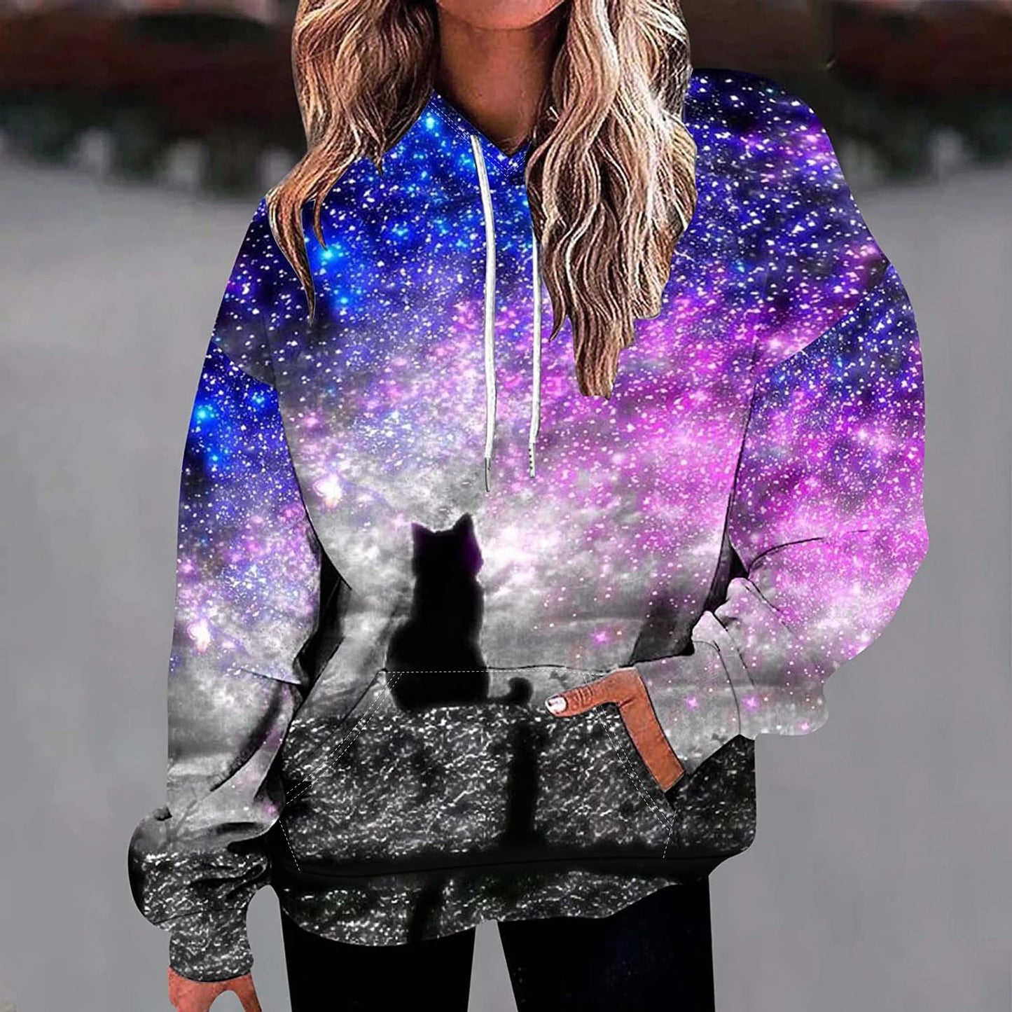 Plus Size Women's Hooded Sweatshirt Star Cat Print Hooded Sweatshirt, with Flap Pocket Pantss
