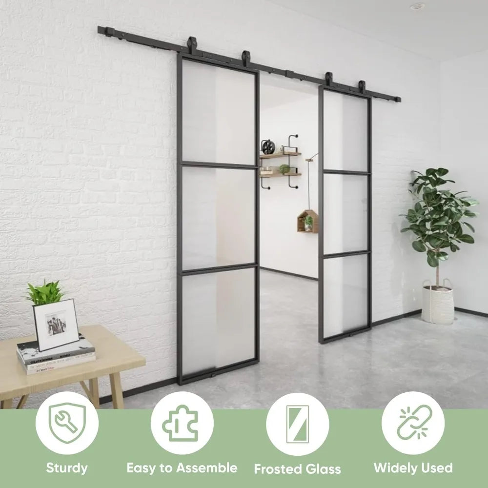 60 Inch X 84 Inch Double Glass Barn Door with 10 Foot Top Mounted Hardware Kit and Soft Close Mechanism Sliding Interior Door