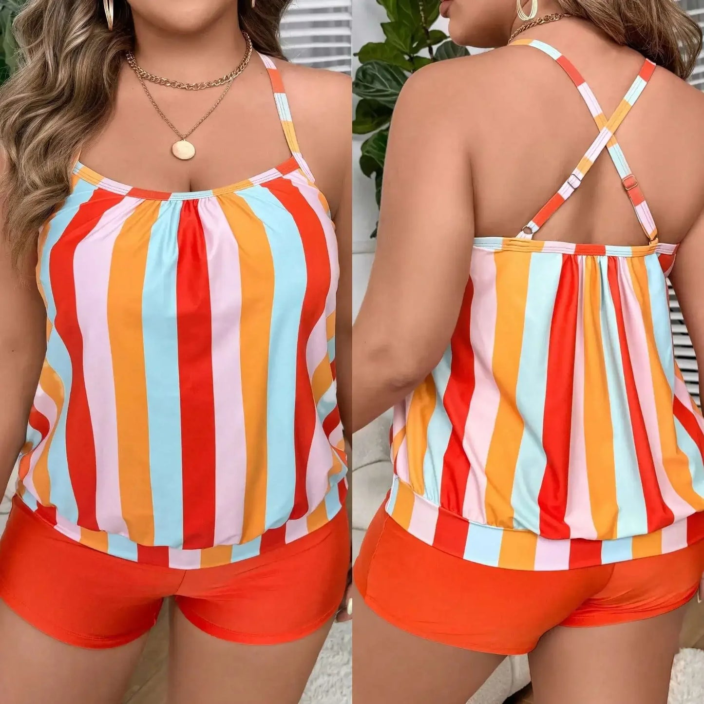 New Plus Size Split Swimsuit for Women, Flat Cornered Women, Striped Printed Swimsuit, Skirt Style Swimsuit for Women Casual Y2k