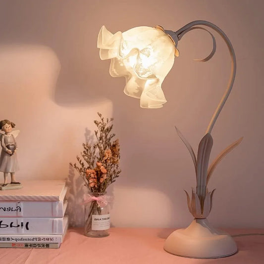 Bedside LED Desk Lamp, Lily Flower Shaped Light with Bent Glass Lampshades, 110V Modern Style Desktop Lamp with Rotary Switch