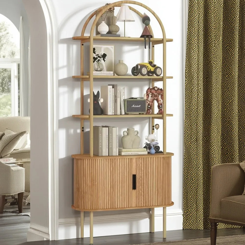 71" Tall Mid Century Modern Fluted Arched Bookshelf. Features sliding tambour doors and 4 - tier open storage. This curved books