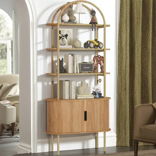 71" Tall Mid Century Modern Fluted Arched Bookshelf. Features sliding tambour doors and 4 - tier open storage. This curved books