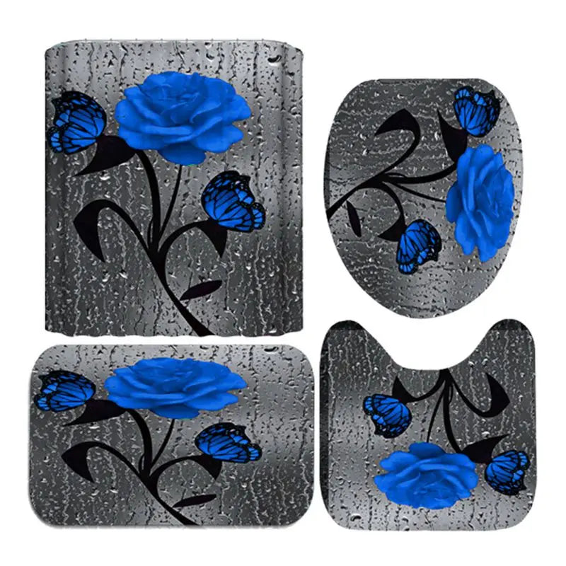 4 Piece Set Doormat Shower Curtain Non Slip Rugs Toilet Seat Cover Bath Carpet Durable Waterproof Bathroom Home Entrance Decor