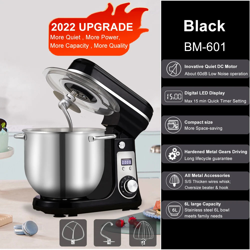 BioloMix 6L 1200W DC Quiet Motor 6-speed Kitchen Food Processors Stand Mixer Cream Egg Whisk Whip Dough Kneader Blender