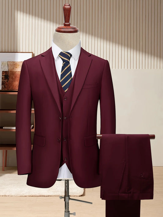 [Two Button Lapel] Men's 3pcs Business Suit | Solid Color | Two Button Lapel Jacket Vest Trouser Set | Wedding Business Tuxedo