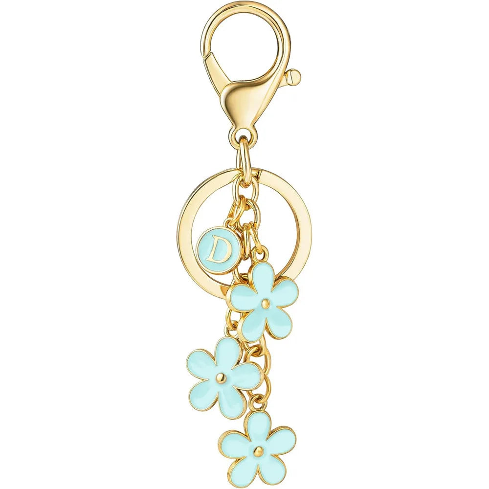 Initial Keychain White/Pink Flower Charms Key Cute Letter Keyring For Handbag Backpack