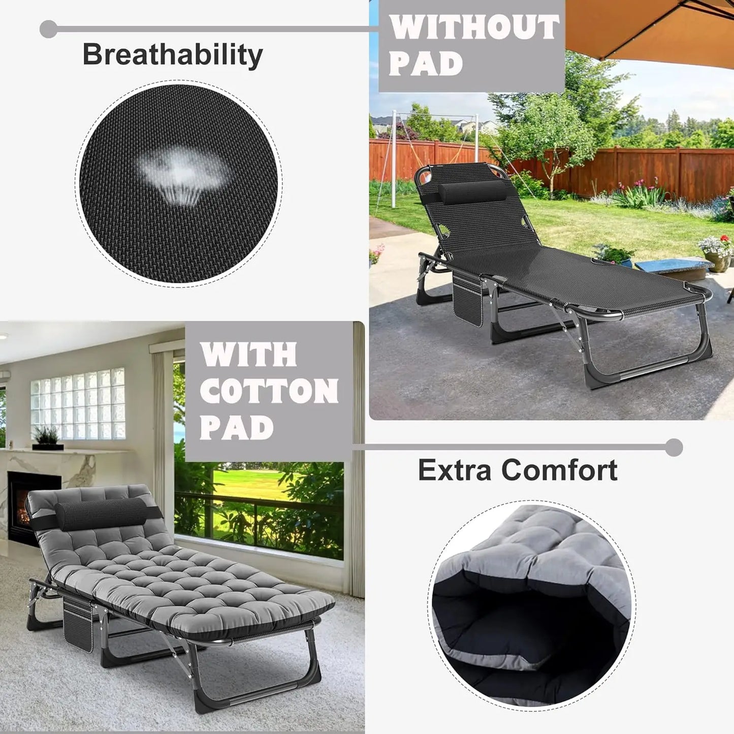 Chaise Lounge Chair,5 Positions Padded Outdoor Tanning Chair,Heavy Duty Portable Lounge Chair for Outdoor Sunbathing Patio