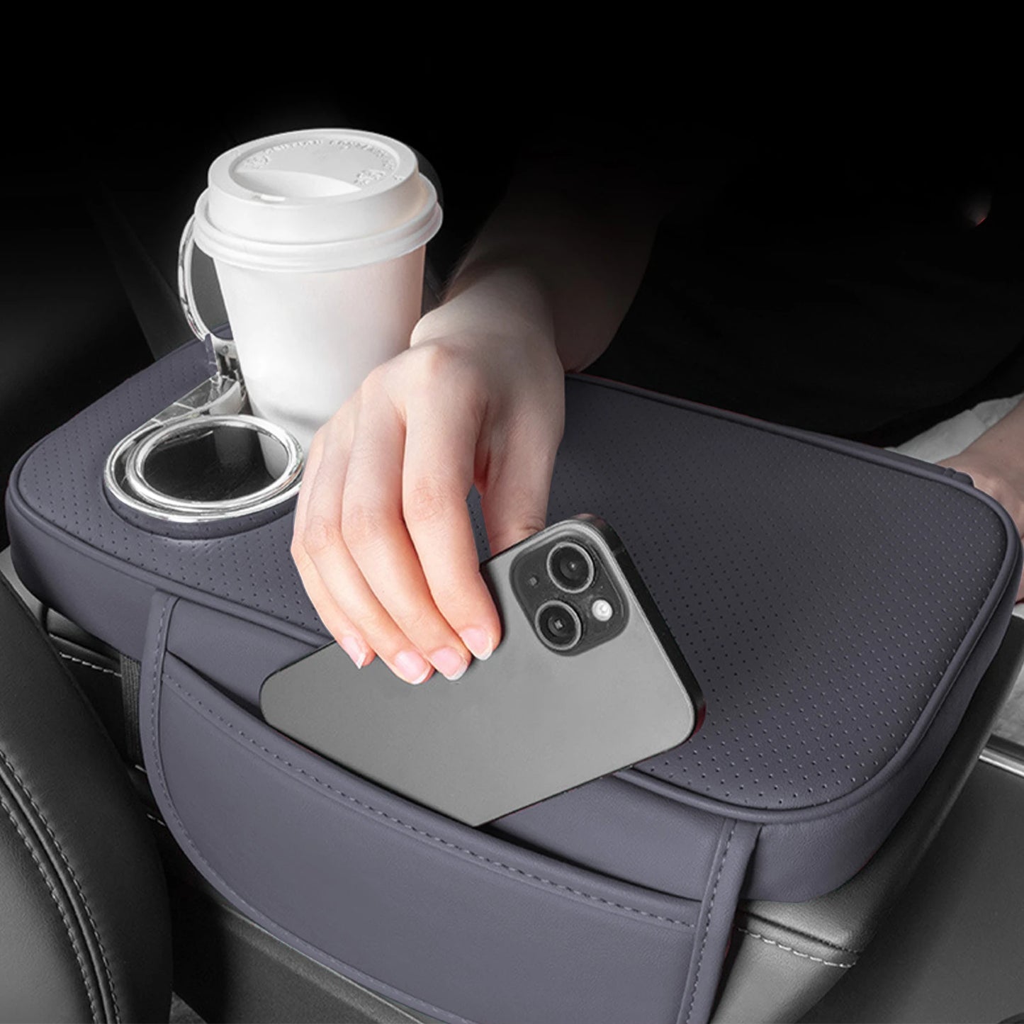 Car Armrest Cushion With 2 Cup Holder And Side Pocket PU Leather Auto Center Console Arm Rest Heighten Pads Car Arm Rest Cover