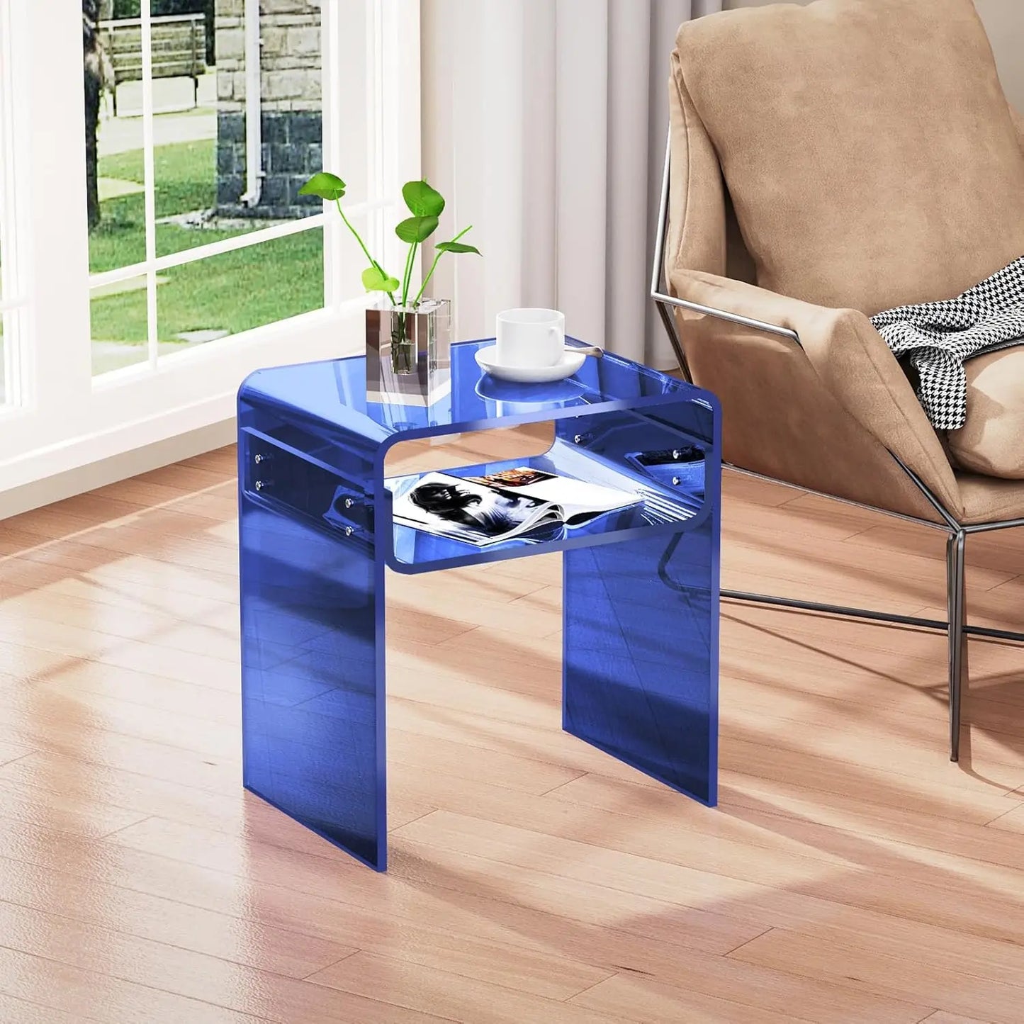 Clear Acrylic End Table 2-Tier Bedside Nightstand for Living Room Bedroom (1, Dark Blue)