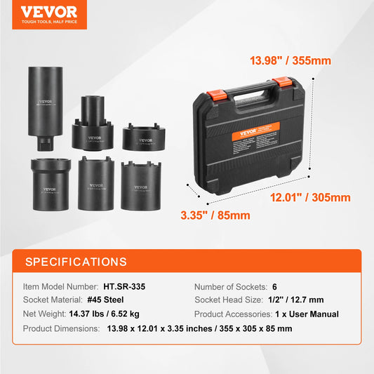 SucceBuy Spindle Nut Socket Tool Kit 1/2 inch Drive 6 Piece Axle Hub Nut Socket Set Vehicles Axle Spindle Nut Retainers Remover