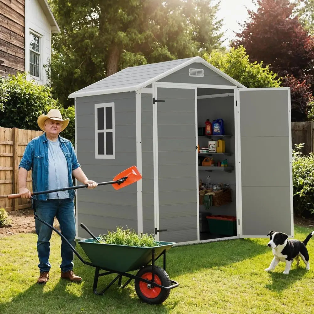All-Weather Resin Outdoor Storage Shed - 6x4FT Tool Room with Floor for Garden, Backyard, and Pool Tools in Light Grey
