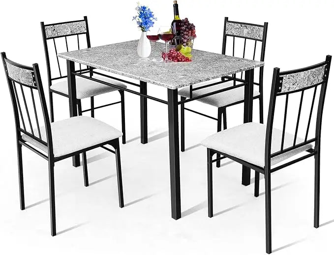 Kitchen Dining Set, Marble Dining Table Set with Sponge Cushion and Metal Structure, Modern Kitchen Table Set for Apartment