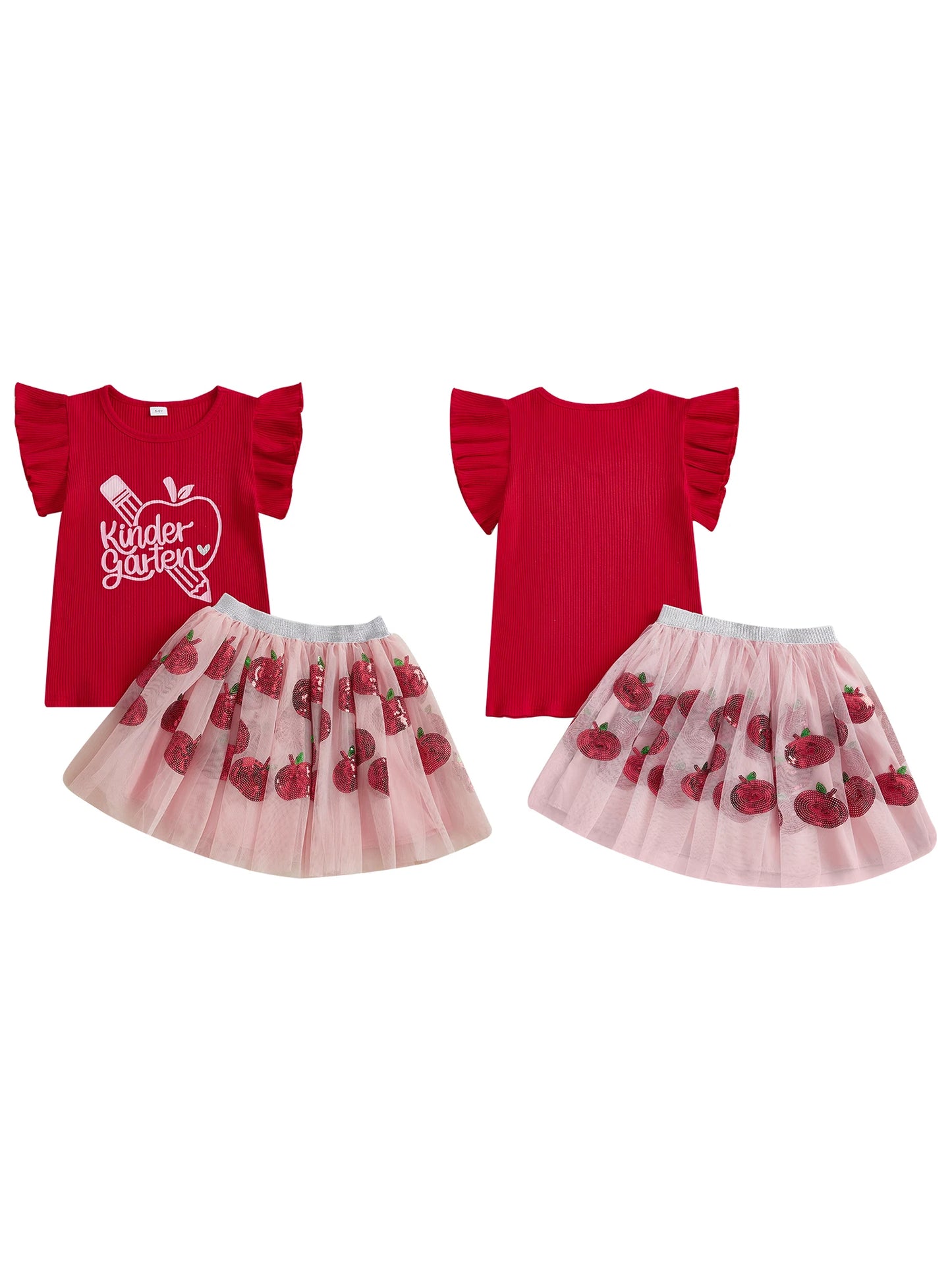 Cute Toddler Girls Back to School Outfits with Flutter Sleeve Apple Print Tops and Tulle Skirt Set - Adorable Baby Clothes for