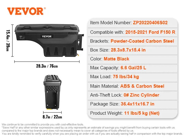 VEVOR Truck Bed Storage Box Passenger Side Lockable Lid Waterproof ABS Wheel Well with Password Padlock Tool Box for Oil Trucks