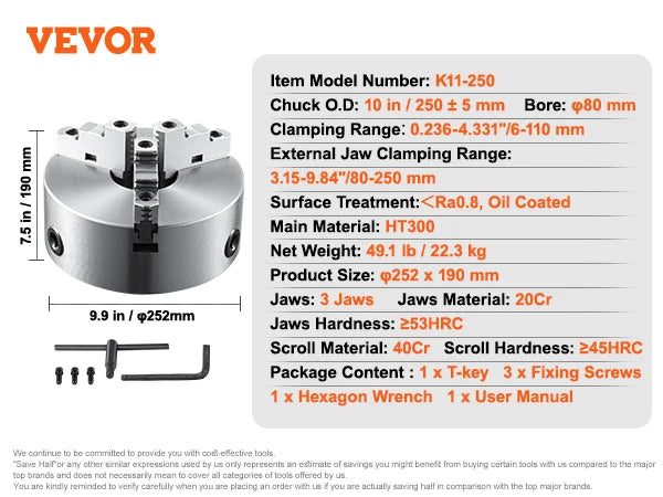 SucceBuy 3-Jaw Lathe Chuck 100/125/160/200/250 mm Self-Centering Lathe Chuck Multiple Clamping Range for Lathe Printer Machining