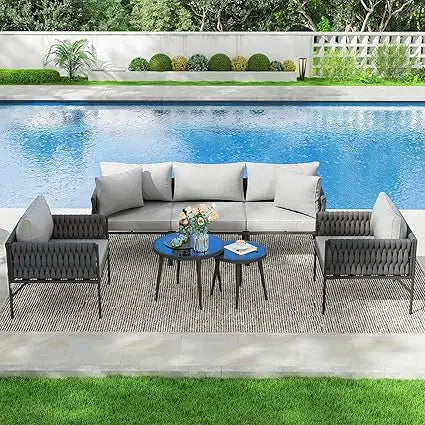 Aluminum 7-Piece Outdoor Patio Furniture Set, Conversation Sets with Comfortable Cushions, outdoor sectional and Tempered Glass