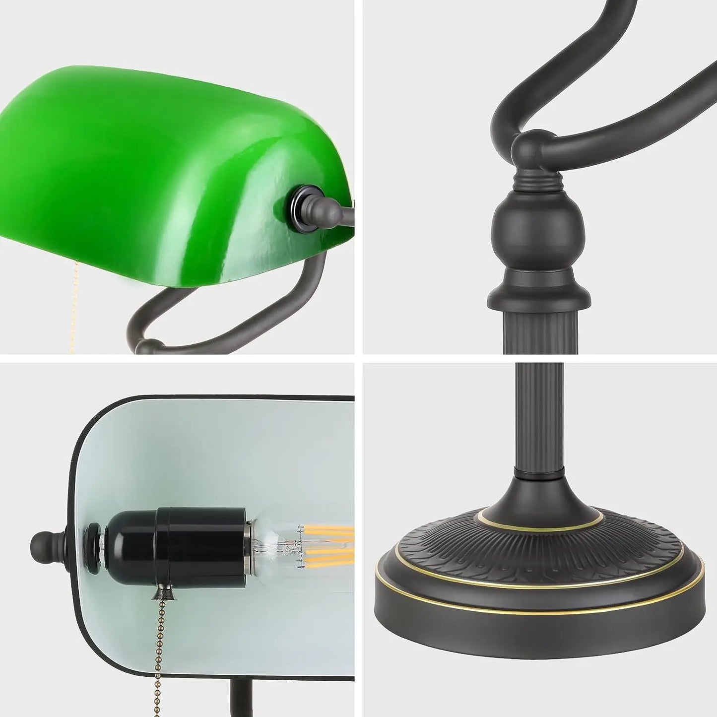 Antique Green Glass Bankers Desk Lamp with Pull Chain Switch Plug in Fixture Living Room Bedroom Bedside Lamp