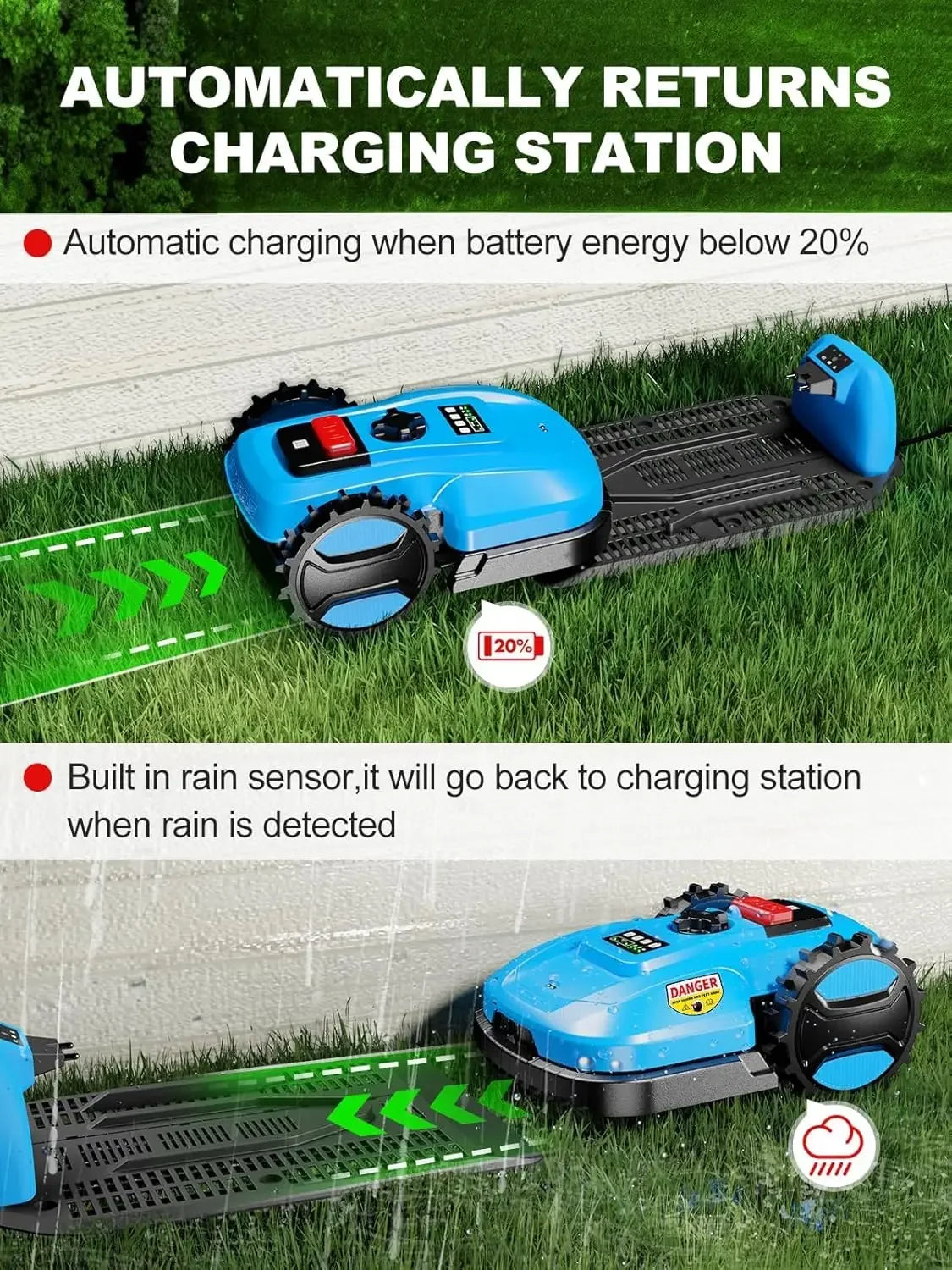 Customizable Robotic Lawn Mower For 0.25 Acre 47% Slope, Automatic Lawnmower With 20V 4.0Ah Battery And APP Function, Docking St