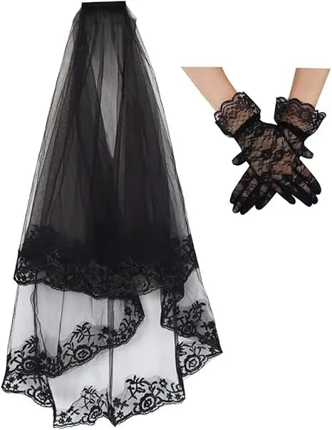 jiebor Black Lace Veil Bridal Wedding Veils Halloween Veil With Comb and Gloves
