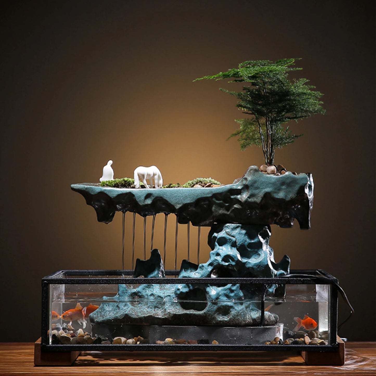 Desktop Rockery Waterfall Fountain Aquariums and Stones Ornament Home Office, 110V Indoor Water Fountain Tabletop