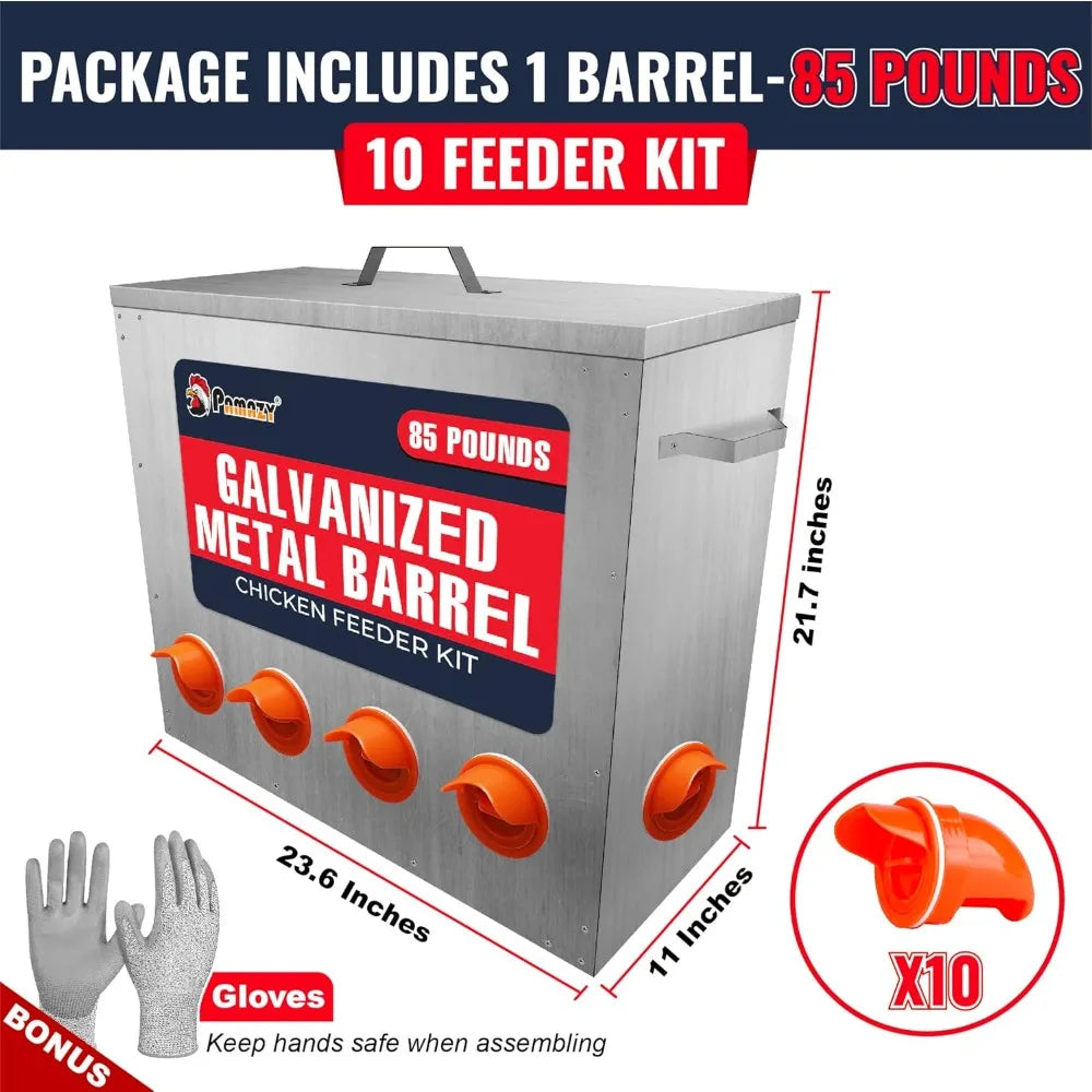 Large Capacity 85lbs Automatic Metal Poultry Feeder Set, Chicken Galvanized Trough, Chicken Feeder No Waste, Rainproof Poultry F