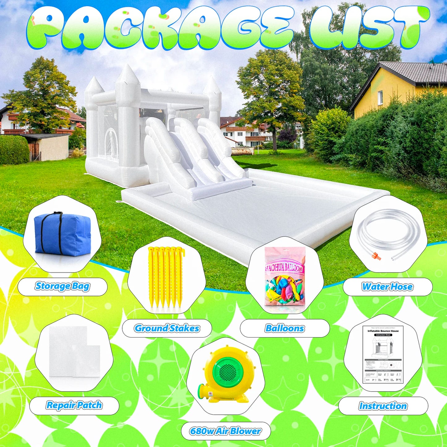 Kids Party Large 19ft Inflatable White Bounce House With Double Slide And Big Ball PIt Customization Oxford Bouncy Castle