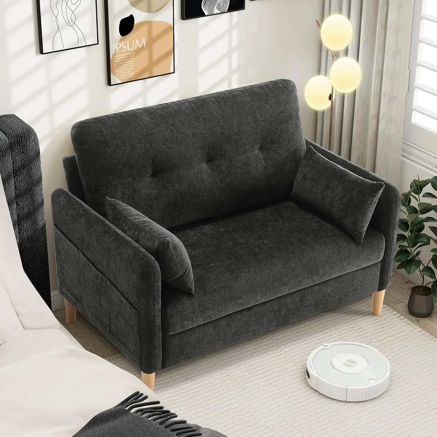 47” Small Couch for Living Room, Chenille Fabric Love Seat Comfy Sofa for Bedroom with Throw Pillow  Loveseat Sofa