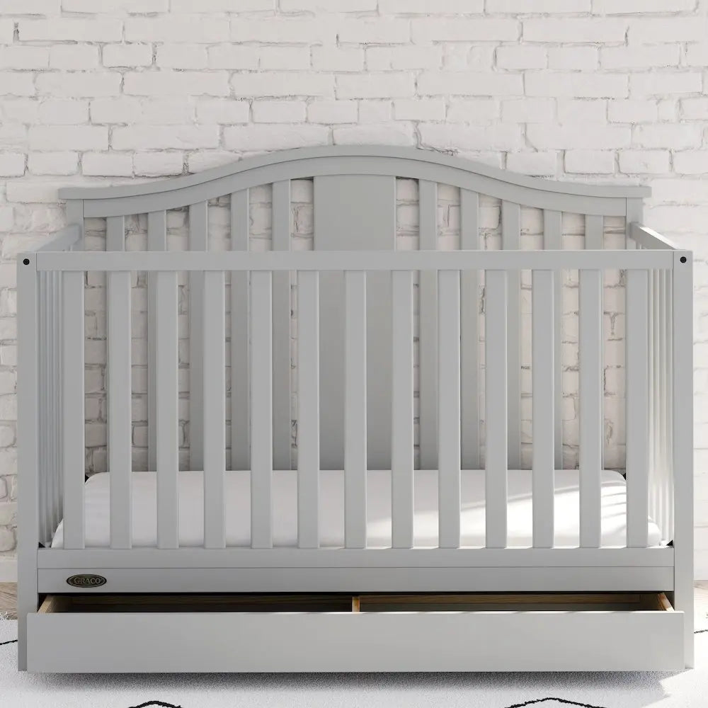 Solano 4-in-1 Convertible Crib with Drawer - Pebble Gray,equipped with a 3-position adjustable mattress support base