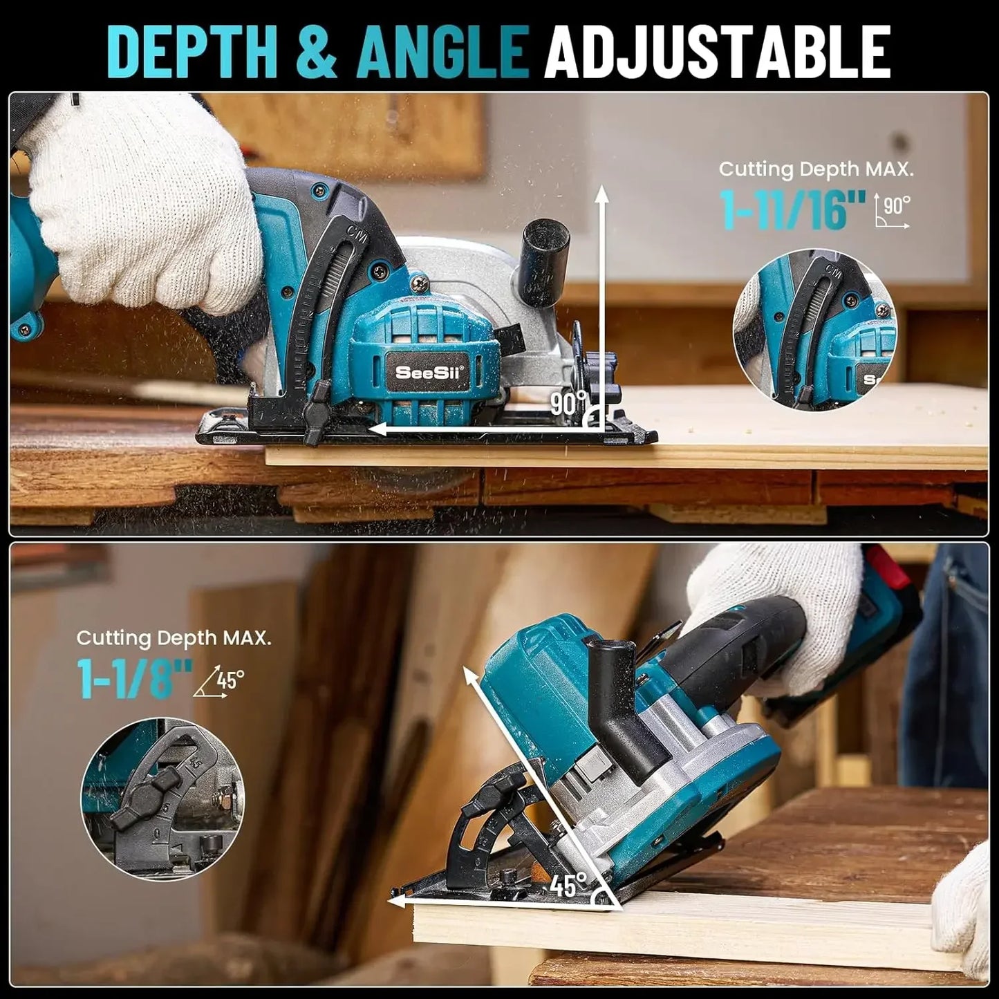 Seesii Cordless Mini Circular Saw 4-1/2" Electric Compact Circular Saw 5380RPM for Cutting Wood Plastic Soft Metal Power Tools