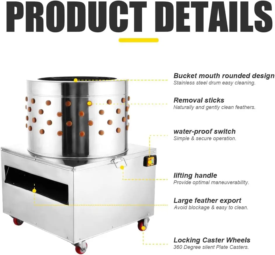Stainless Steel Chicken Plucker 23.6 Inch Barrel Diameter De Feather Remover Poultry Machine 2200 Watt 275Rpm Heavy Duty