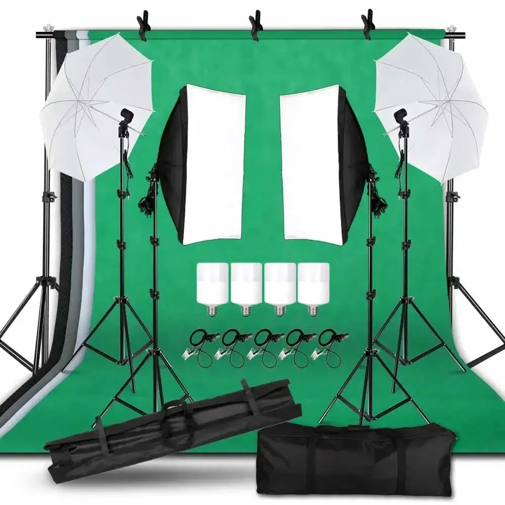 Photography Softbox Lighting Kit With Background Frame Tripod Stand Reflector Board And Umbrellas