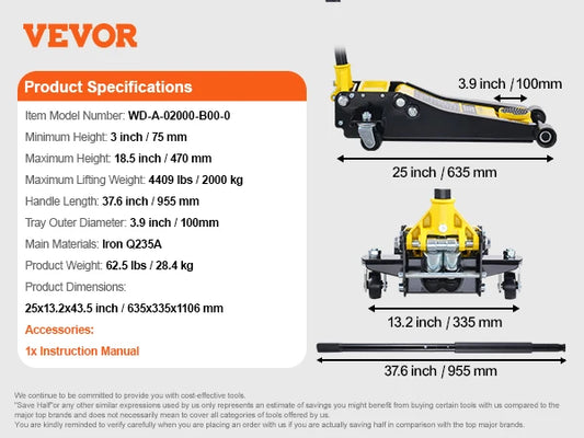 SucceBuy 2 Ton Low Profile Floor Jack Heavy Duty Iron Hydraulic Racing Floor Jack Hydraulic Car Jack Dual Piston Quick Lift Pump