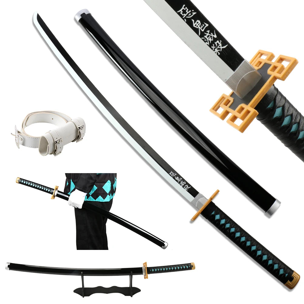 104cm Demon Slayer Katana Sword Kimetsu no Yaiba Wooden Cosplay Anime Weapon Sword Toy Katanas with Display Stand and Belt