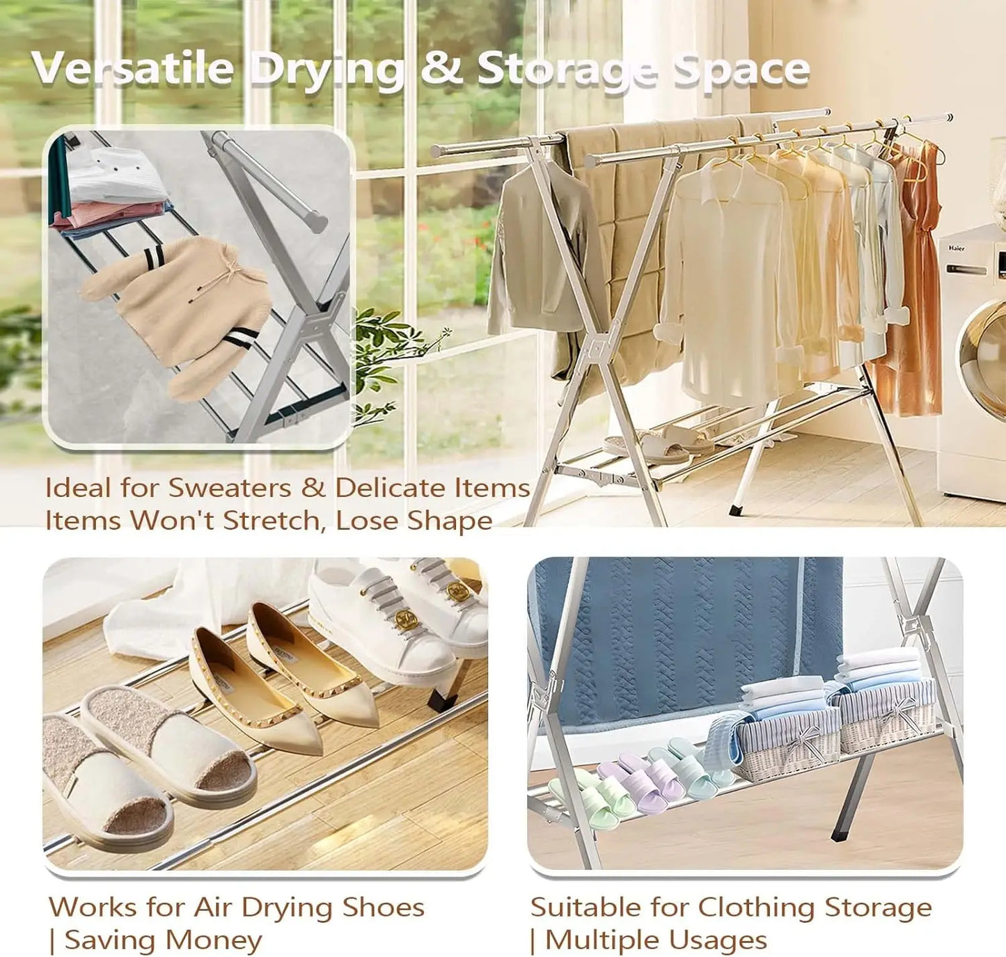 Clothes Drying Rack 2 Tiers Heavy Duty Foldable Stainless Steel Indoor Outdoor Laundry Drying Rack