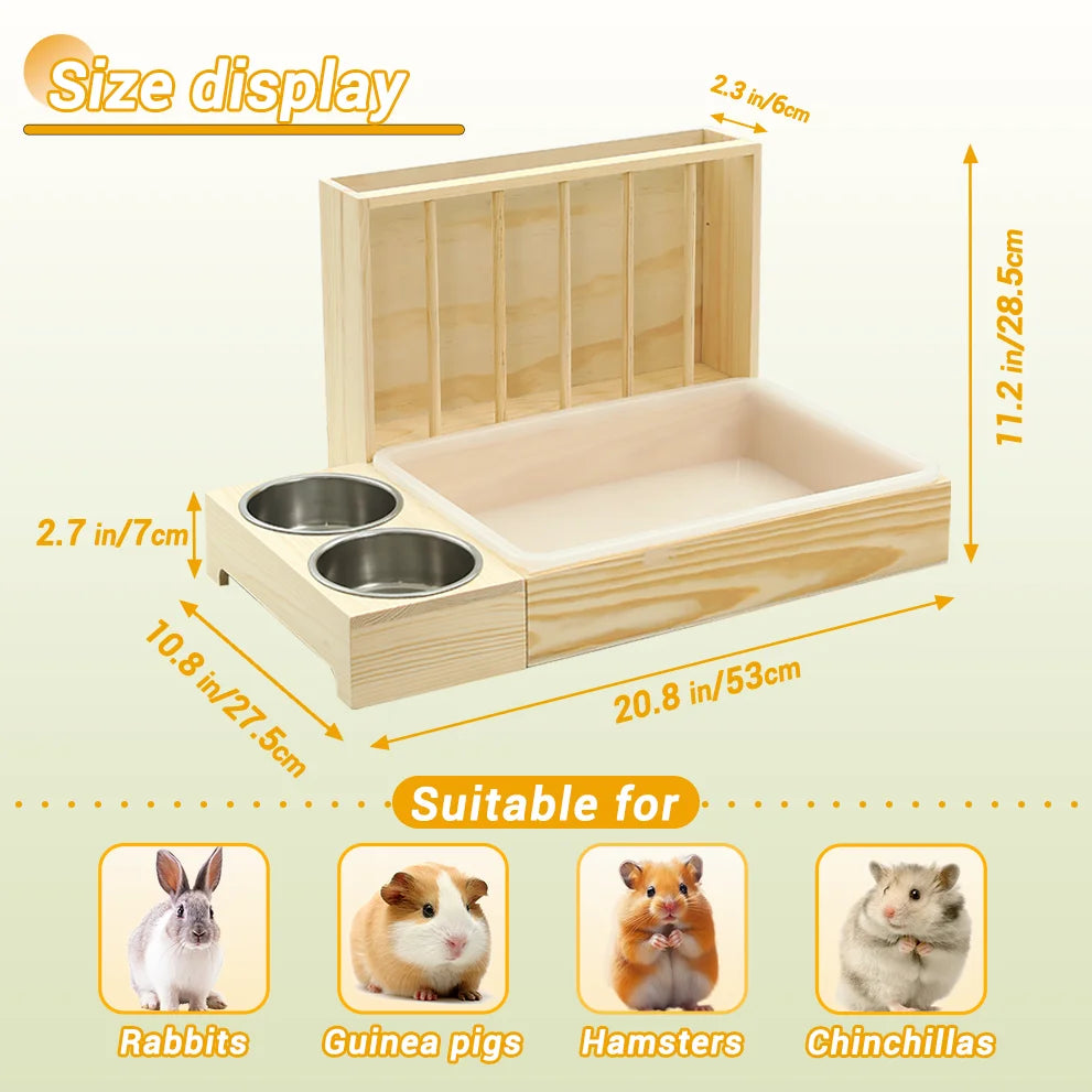 4 In 1 Rabbit Hay Feeder With Litter Box Wooden Feeder Toilet Combo Easy Clean 2 Bowls Included Perfect For Bunny
