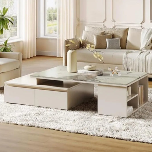 Extendable Tabletop Coffee Table with 4 Drawers and Storage Shelf Modern Design 51 Inch to 71 Inch Center Table for Living Room Beige